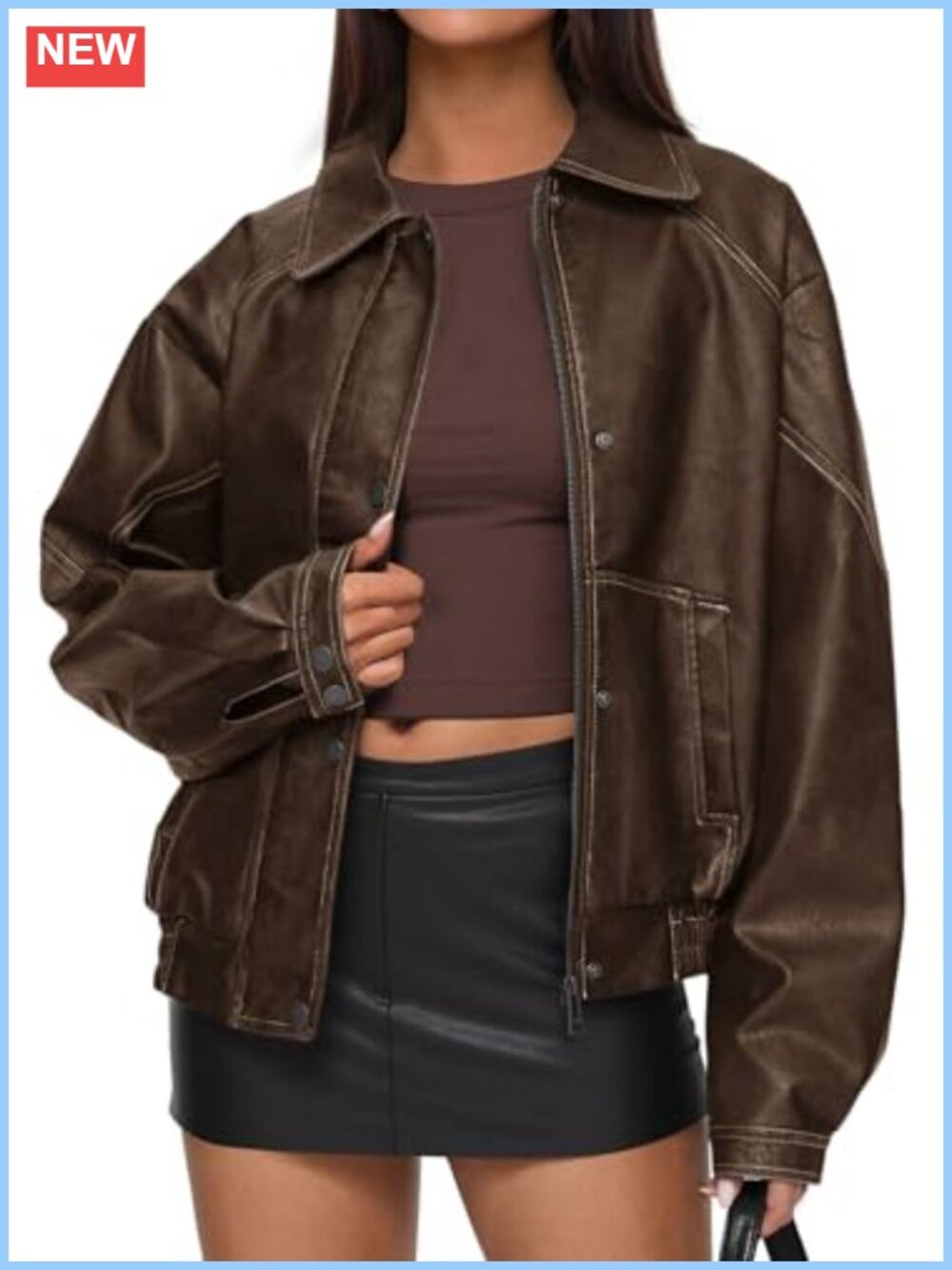 Faux Leather Moto Biker Jacket Oversized Women Long Sleeve Zipper Coat